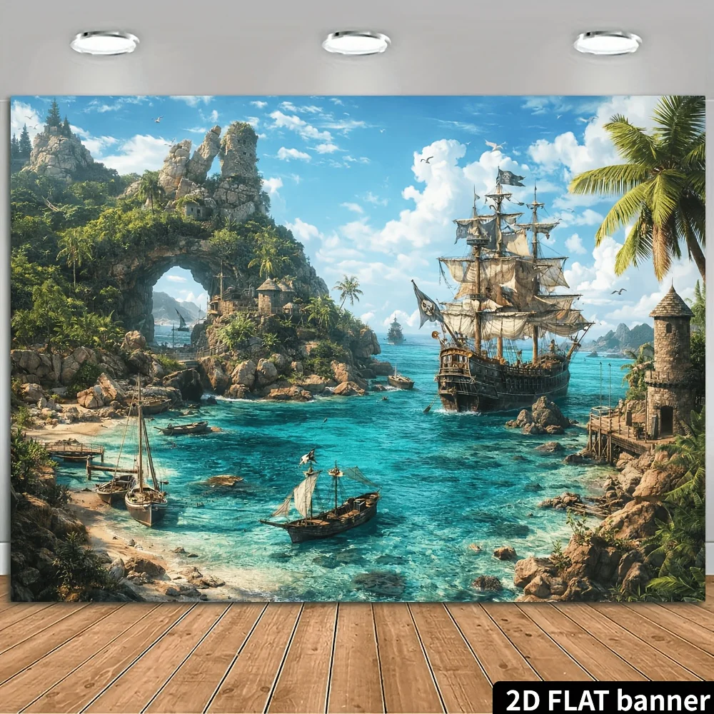 A 2D plane pirate-themed party, with the scenery of an island harbor as the theme, featuring stone tower elements.
