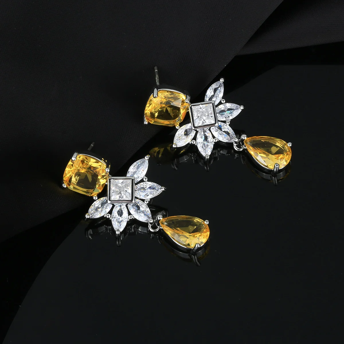 

925 Silver Needle Luxury Citrine Gemstone Flower Drop Earrings, Elegant Bridal Wedding Party Statement Jewelry Gift for Women
