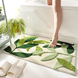 Inyahome Green Leaves Flocking Bath Mat Non-slip Absorbent Microfiber Bathroom Rug Home Entrance Door Mat Super Soft Bath mats