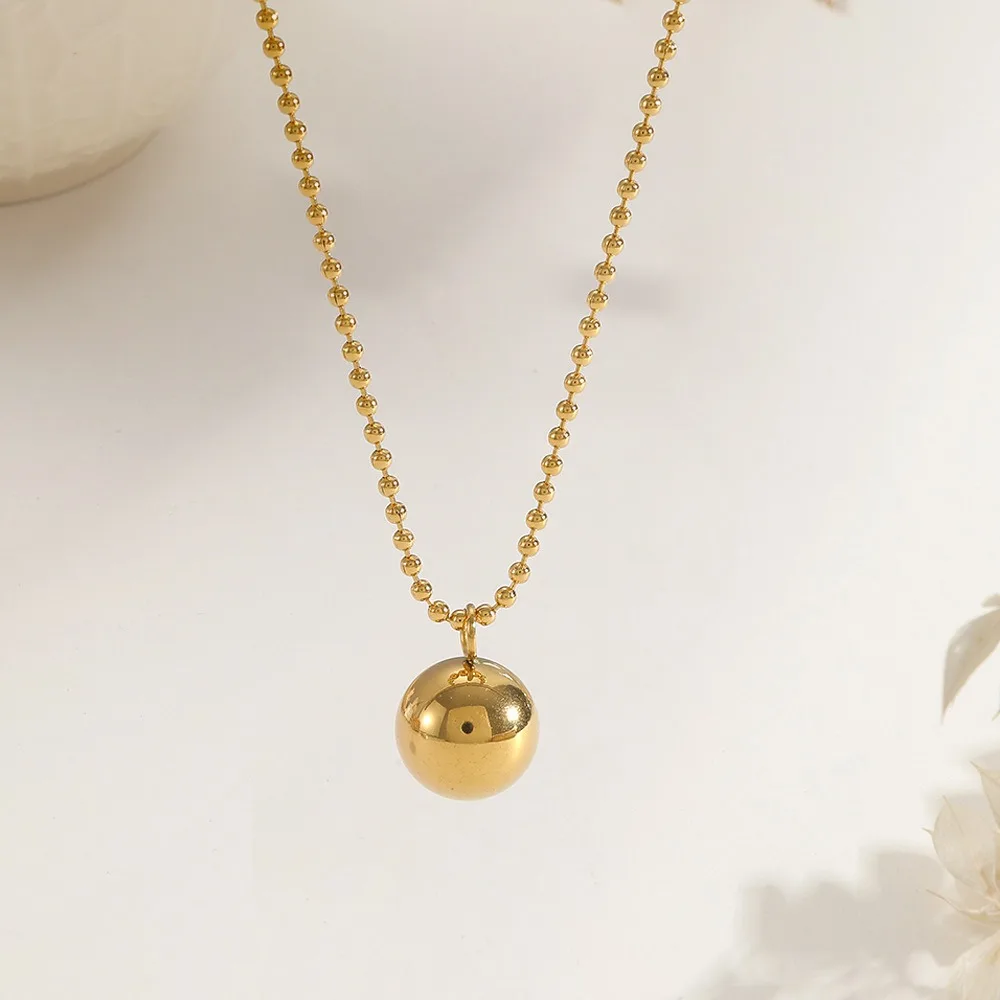 18K Gold Solid Lucky Ball Necklace Women Titanium Steel Transfer Bead Clavicle Chain