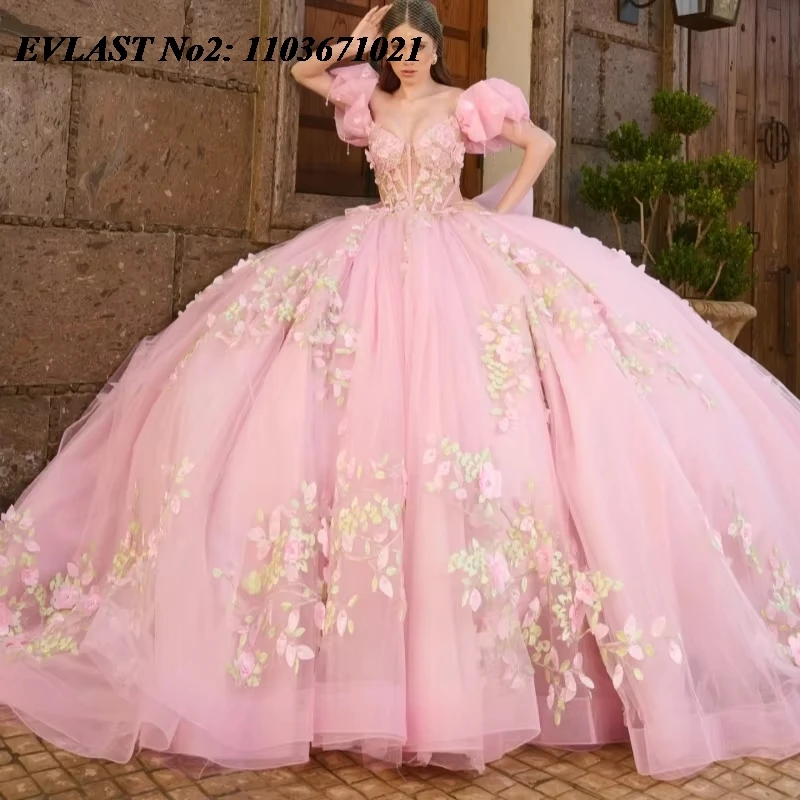 

EVLAST Customized Glitter Pink Quinceanera Dress Ball Gown 3D Floral Applique Beaded Bow Sweet 16 Vestidos De 15 Anos E2QA14