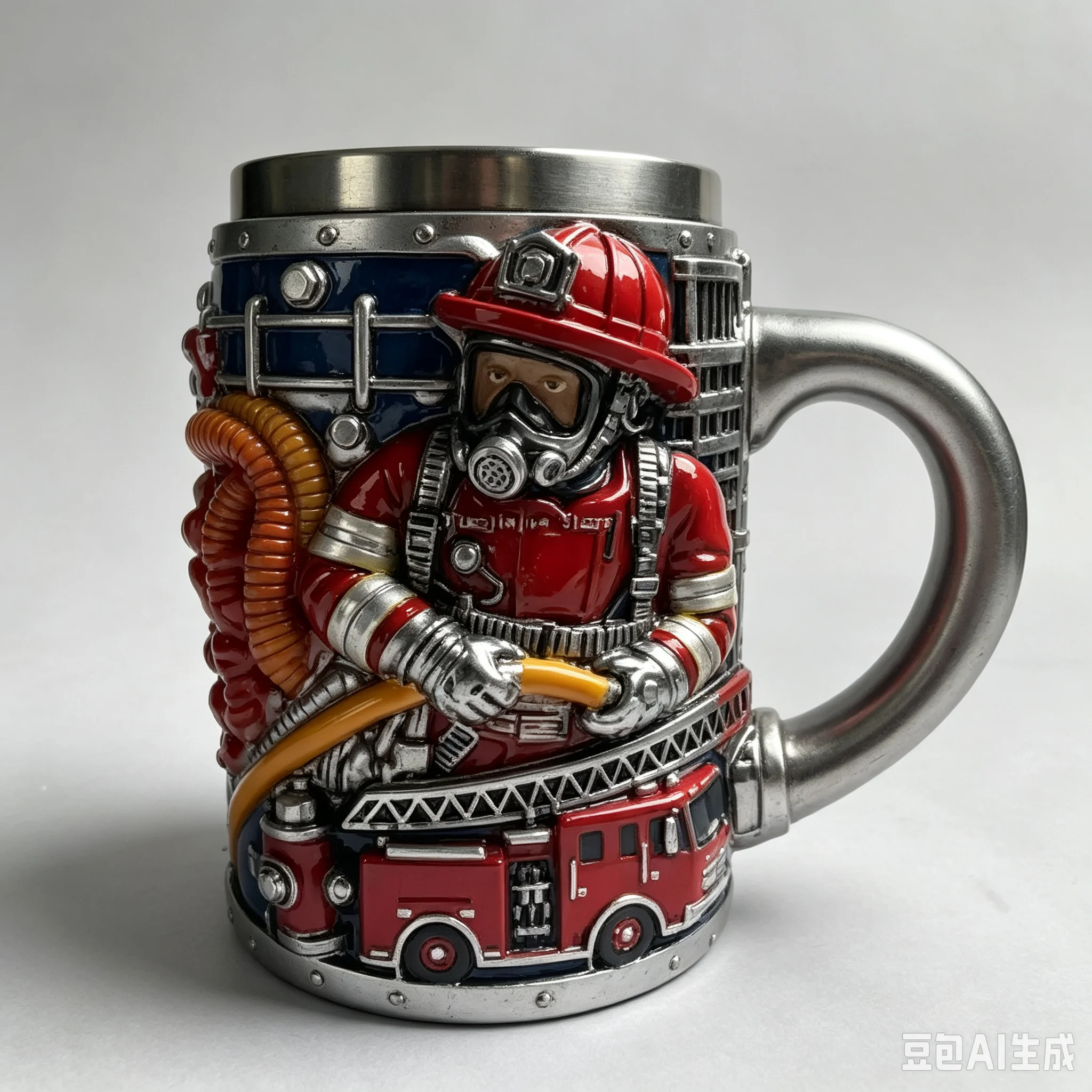 3D Fireman Embossed Mug Novelty Fire Truck Pattern Resin Exterior Stainless Steel Inner Cup for Bar Tabletop