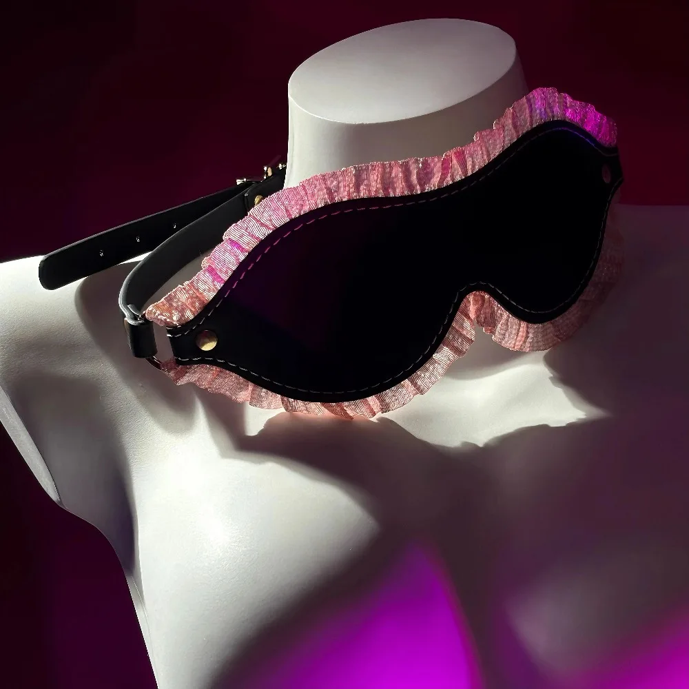 Blackout BDSM Blindfold, Cute Maid Cosplay Eye Mask, Pink Lace PU Leather, 100% Light-proof Mask for Adult Flirting Game 18+ 2