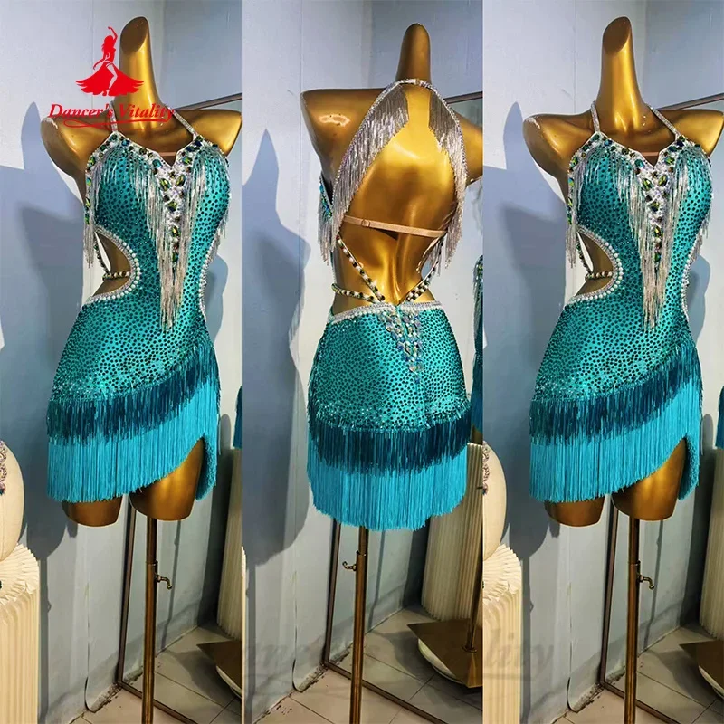 Costumi di performance di danza latina per abiti da competizione di tango samba rumba di lusso personalizzati con nappe piene di diamanti da donna