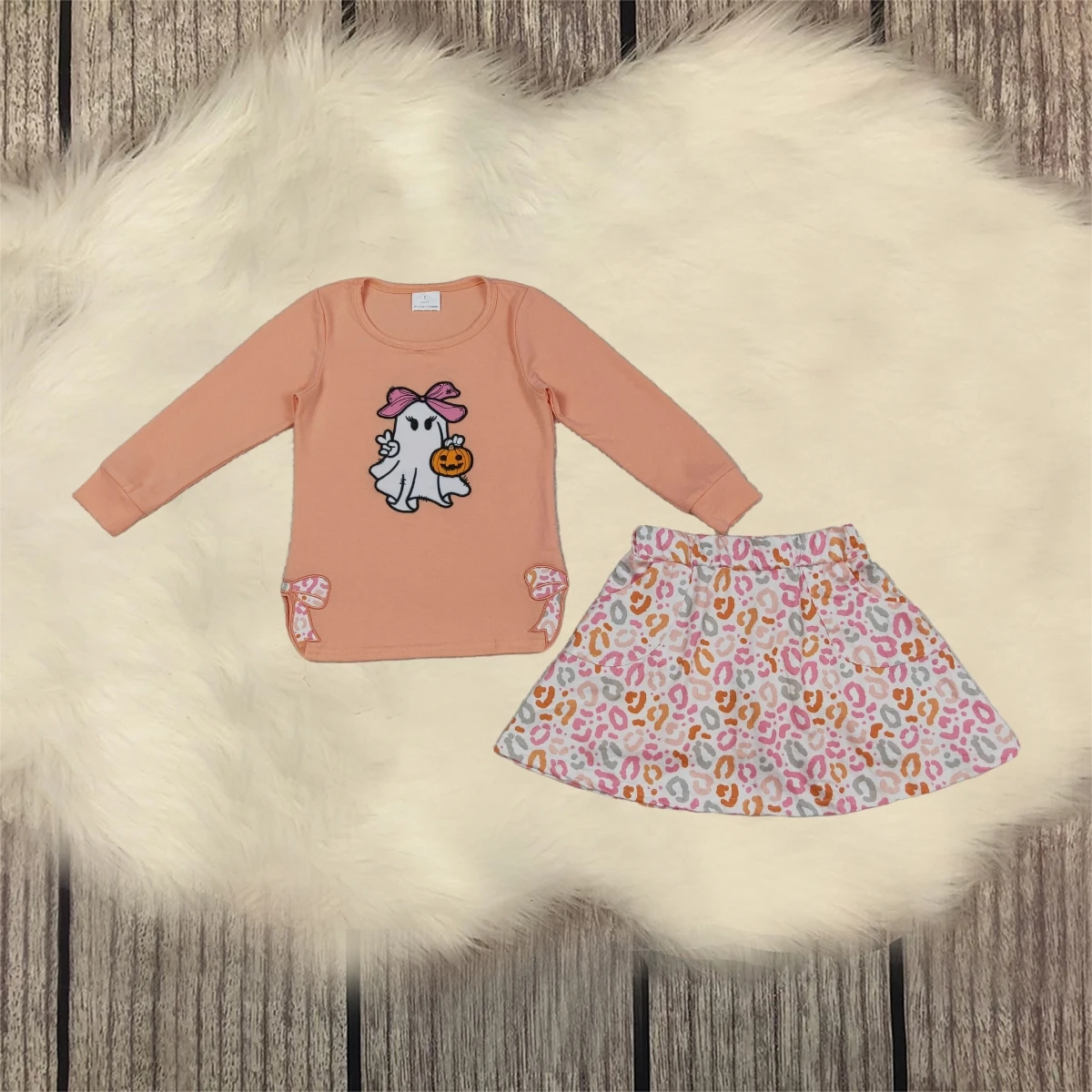 

Cute Children Baby Kids Clothes Toddler Halloween Set Girl Long Sleeves Embroidery Pumpkin Bows Ghost Shirt Leopard Skort Outfit