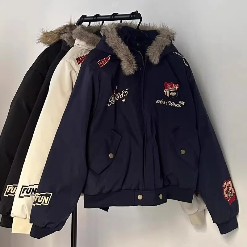Retro Embroidered Women's Parka Cotton Jacket Thickened Badge Jacket Women's Winter Fashion Fur Collar Parka Warmth Outerwear