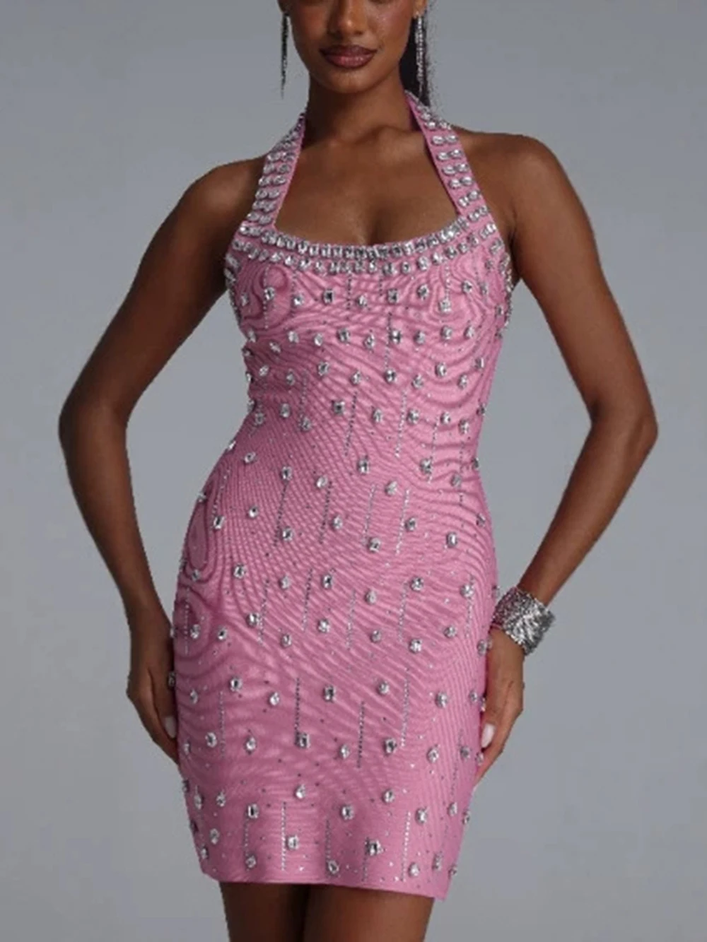 Modphy Pink Women Sexy Halter Luxury Diamonds Bodycon Solid Mini Bandage Dress Celebrate Nightclub Party Birthday Dress
