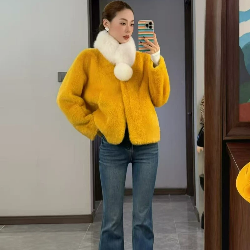Short Casual Youthful Plush Fur Round Neck Jacket 2026 Winter New Fashionable Eco-friendly Woolen Faux Mink Fur Coat for Women