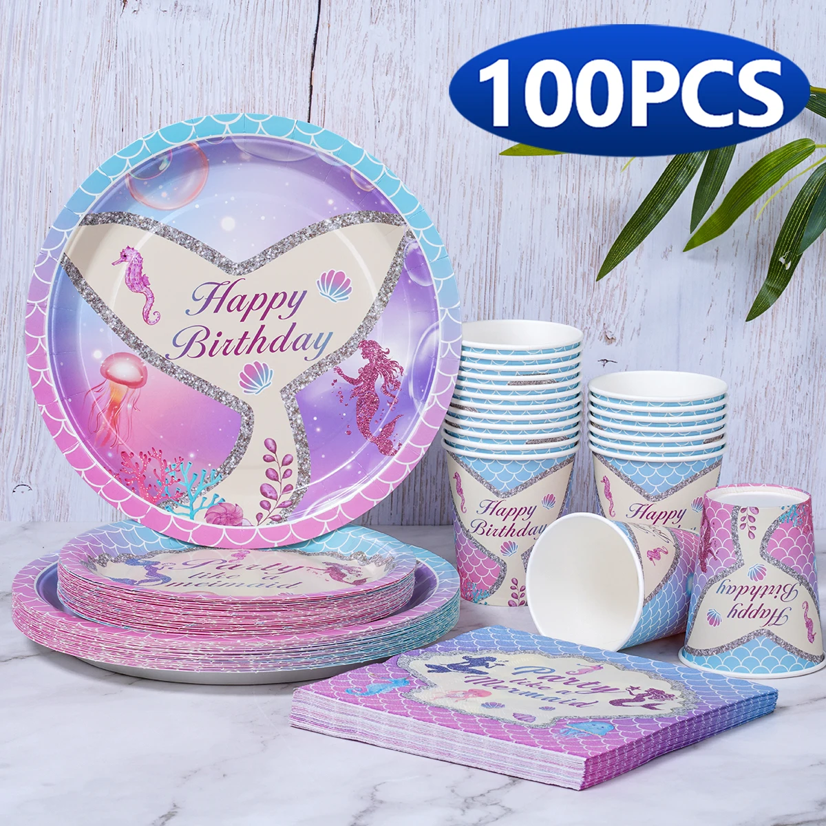 100Pcs Mermaid Tailed Disposable Plates Napkins Paper Cups for Girls' Birthday Parties Gatherings Fantasy Cartoon Tableware