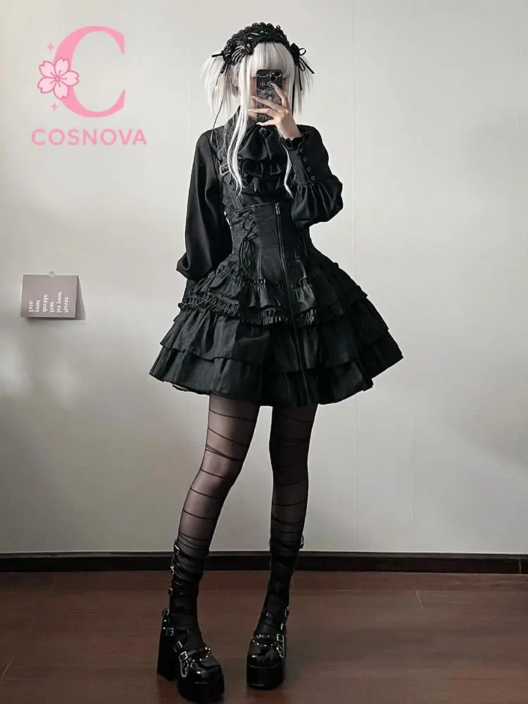 

Japanese Dark Sweet Lolita Dress Set White Ruffled Blouse High Waist Zipper Lace-Up Puffy Cake Skirt Slim Fit Gothic Outfit 2026