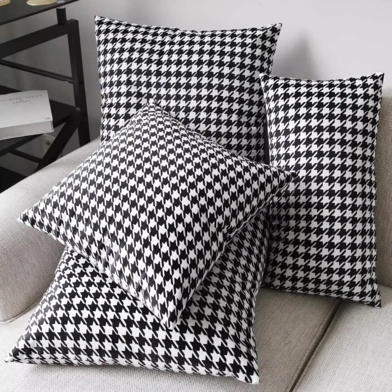 Short Plush Living Room Sofa Cushion with Grid Large Backrest and Thousand Bird Grid Cushions with Core Square Pillow