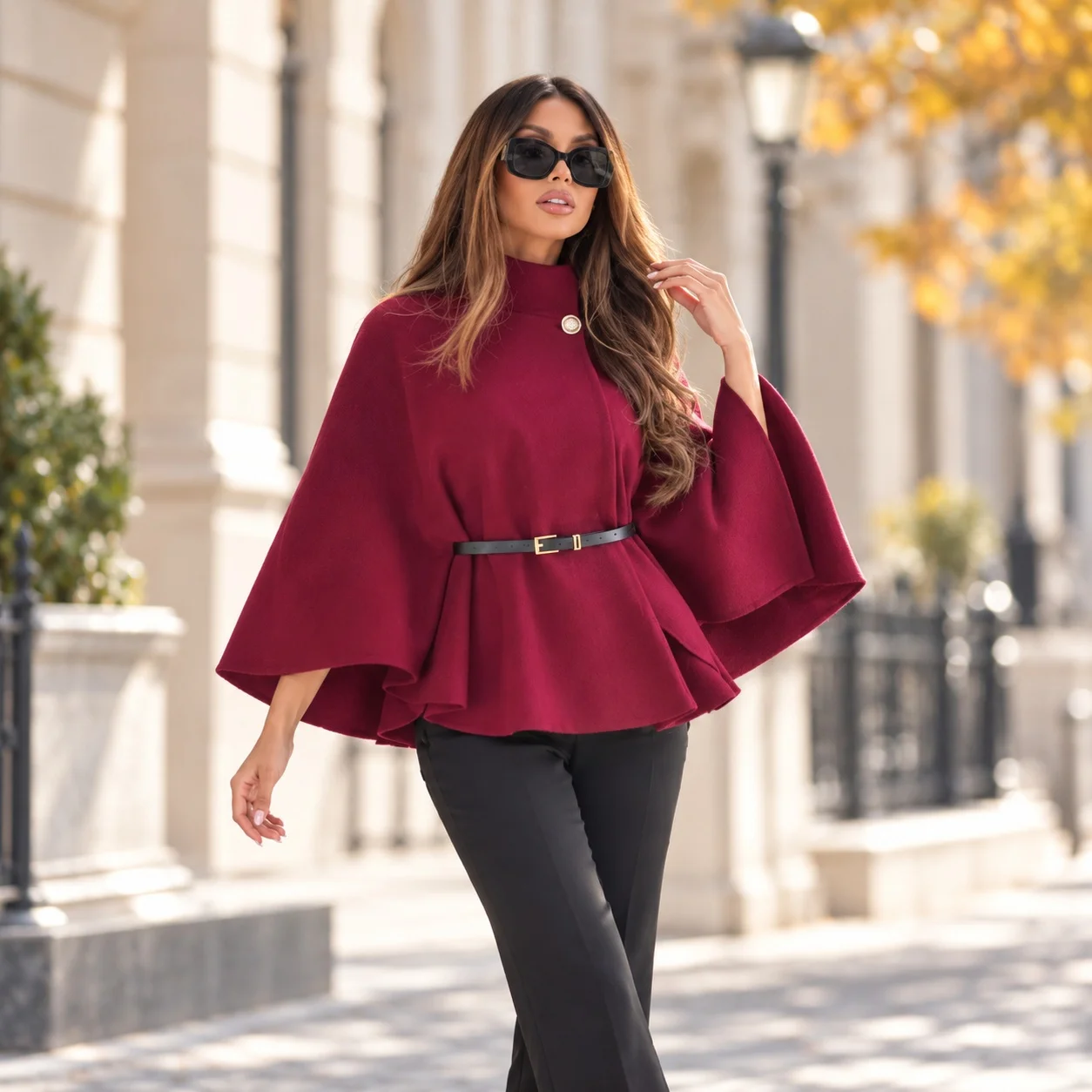 Batwing Sleeve Loose Fit Cape Regular Length Elegant Style with Commuter Style Elegant Commuter Round Neck Cape Coat for Women