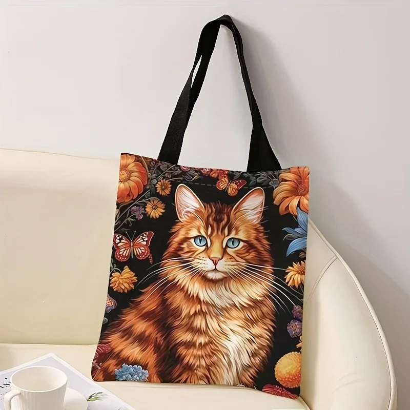 Women's Orange Cat Floral Print Tote Bag Large Reusable Beach Shoulder Bag with Vibrant Butterfly Design