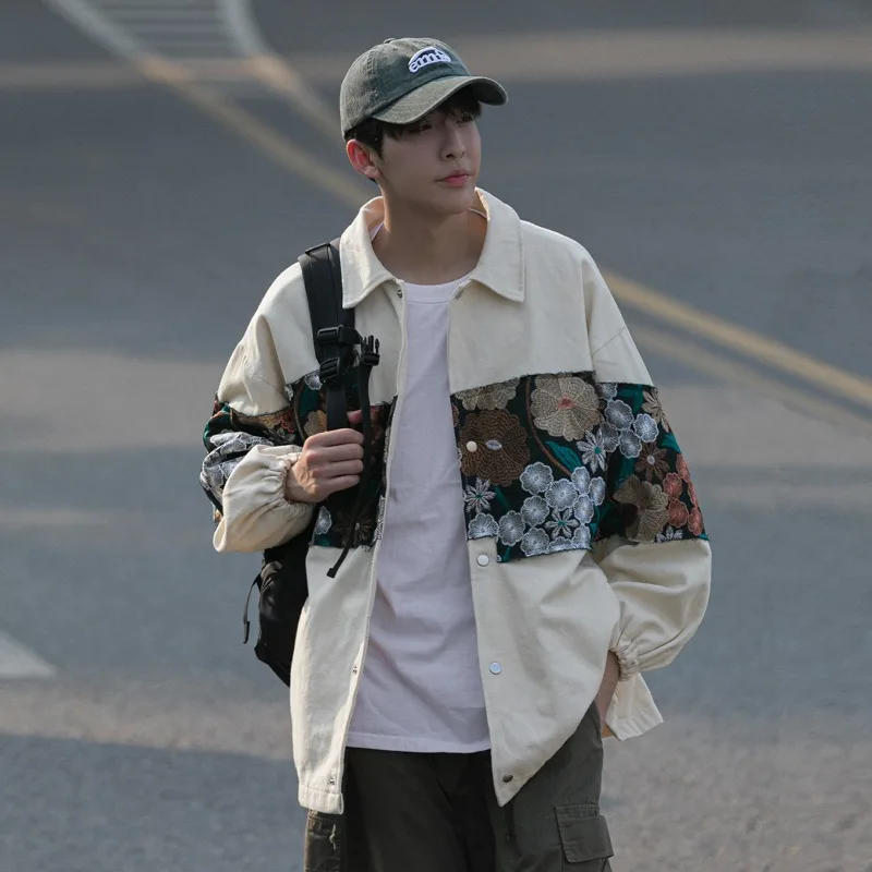 Men Vintage Floral Patchwork Jacket Lapel Collar Button Up Loose Streetwear Contrast Spliced Design Male Casual Outer Coat