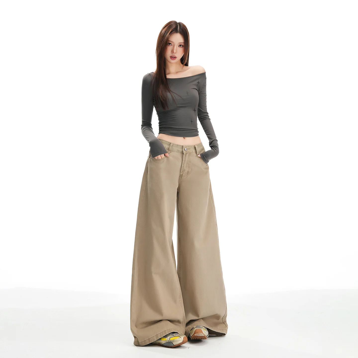 

Khaki Wide-Leg Jeans For Women, Autumn High-Waisted Slimming Floor-Length Loose