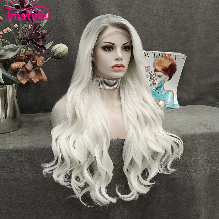 Imstyle White Blonde Wig Long Synthetic Lace Front Wig Dark Root Natural Wavy Heat Resistant Fiber Cosplay Wigs For Women