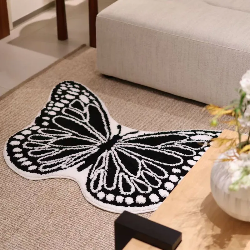 Black White Butterfly Flocked Rugs Soft Non-Slip Rug Modern Monochrome Floor Mat for Kids Room Living Room Decor Tufted Carpet