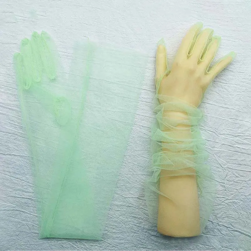 Guantes largos de tul transparente para mujer, mitones de dedo completo, ultrafinos, elásticos, codo de malla, boda, novia, accesorio de Halloween