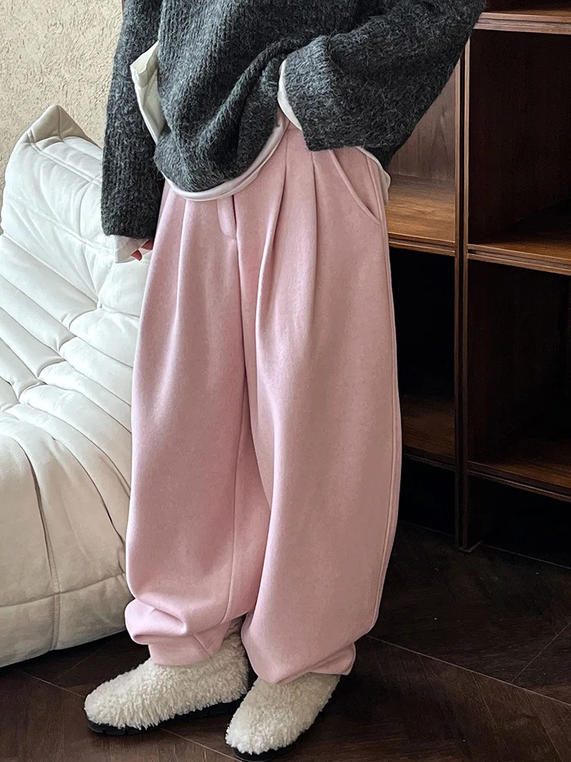 Pantaloni LIMO Pantaloni di lana ispessita stile coreano di grande vestibilità per le donne Autunno Inverno Nuovo cashmere imitazione dimagrante