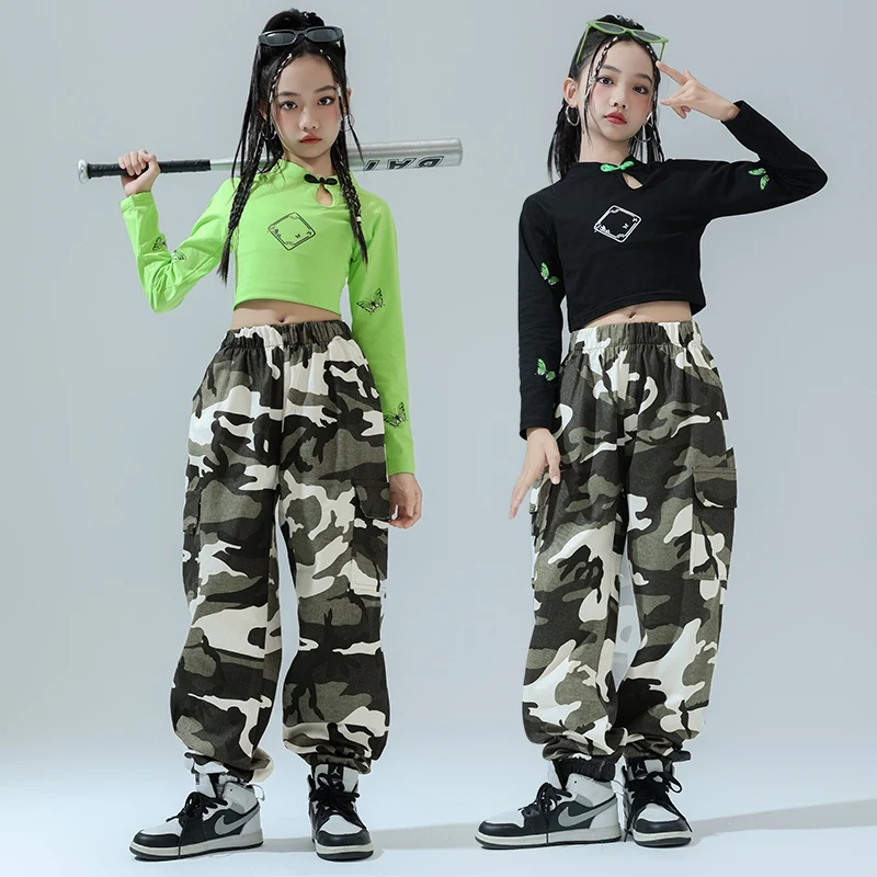 Girls Jazz Dance Clothes Long Sleeves Navel Tops Camouflage Trousers Kids Street Dance Kpop Hiphop Performance Costume BL16945