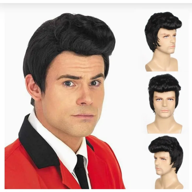 Elvis Presley Perücke für Herren – schwarze, hitzebeständige Kunsthaar-Perücke für Rock-Sänger-Kostümpartys mit gratis Kappe (schwarz) – Detail 2