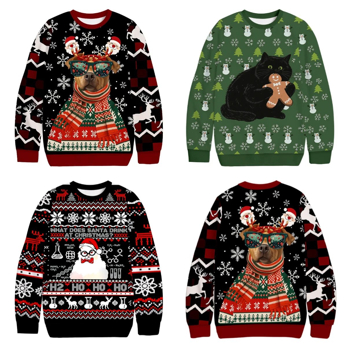 3D Printed Christmas Reindeer Dog Thin Fluffy Ugly Shirt, Suitable for Adults, Boys,Girls,and Children,Family Hoodies,Party Tops