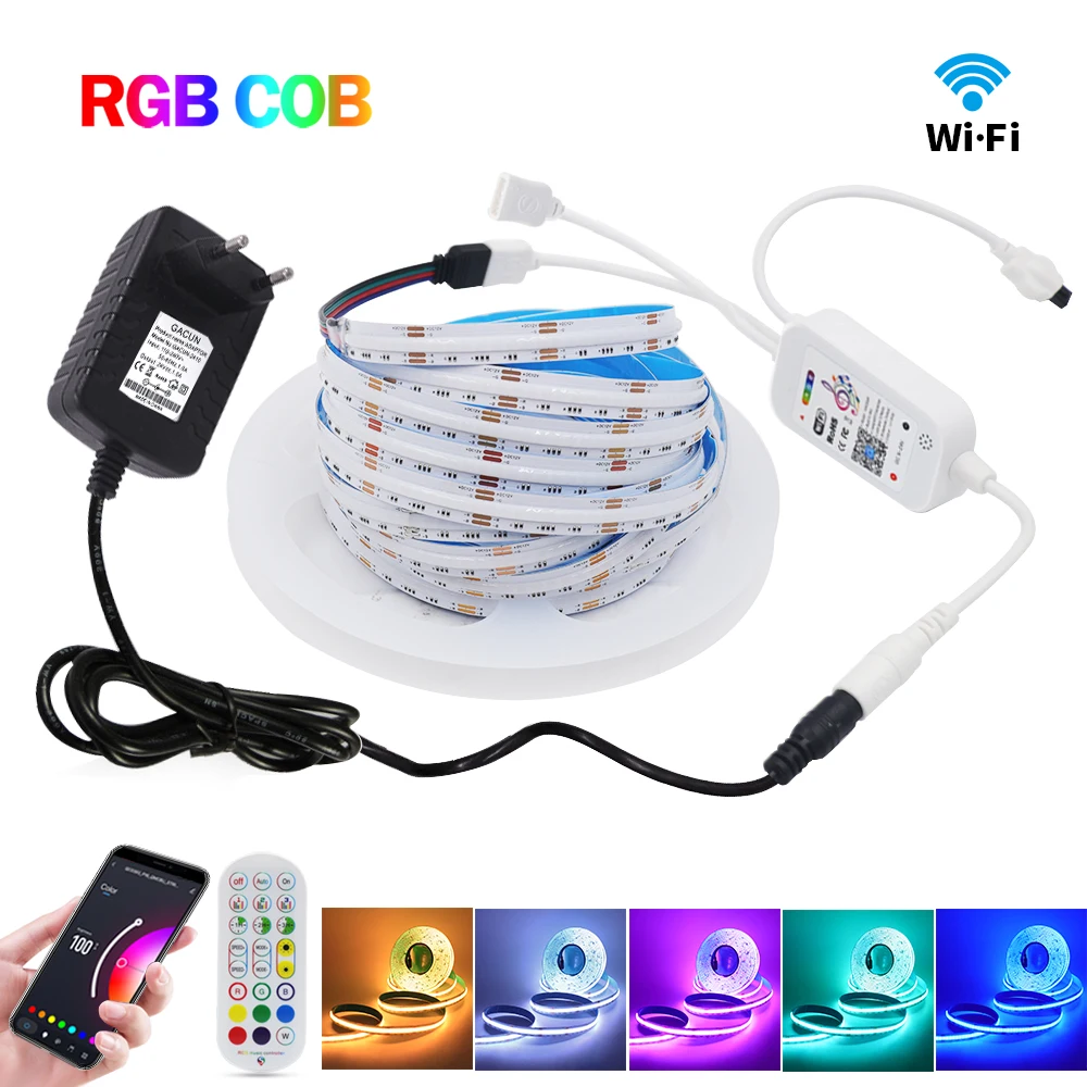 Tira de luces LED COB RGB de 10M, 12V, 24V, Flexible, lineal FOB de 10MM con WIFI remoto, Bluetooth, barra de lámpara de cinta LED regulable RA90