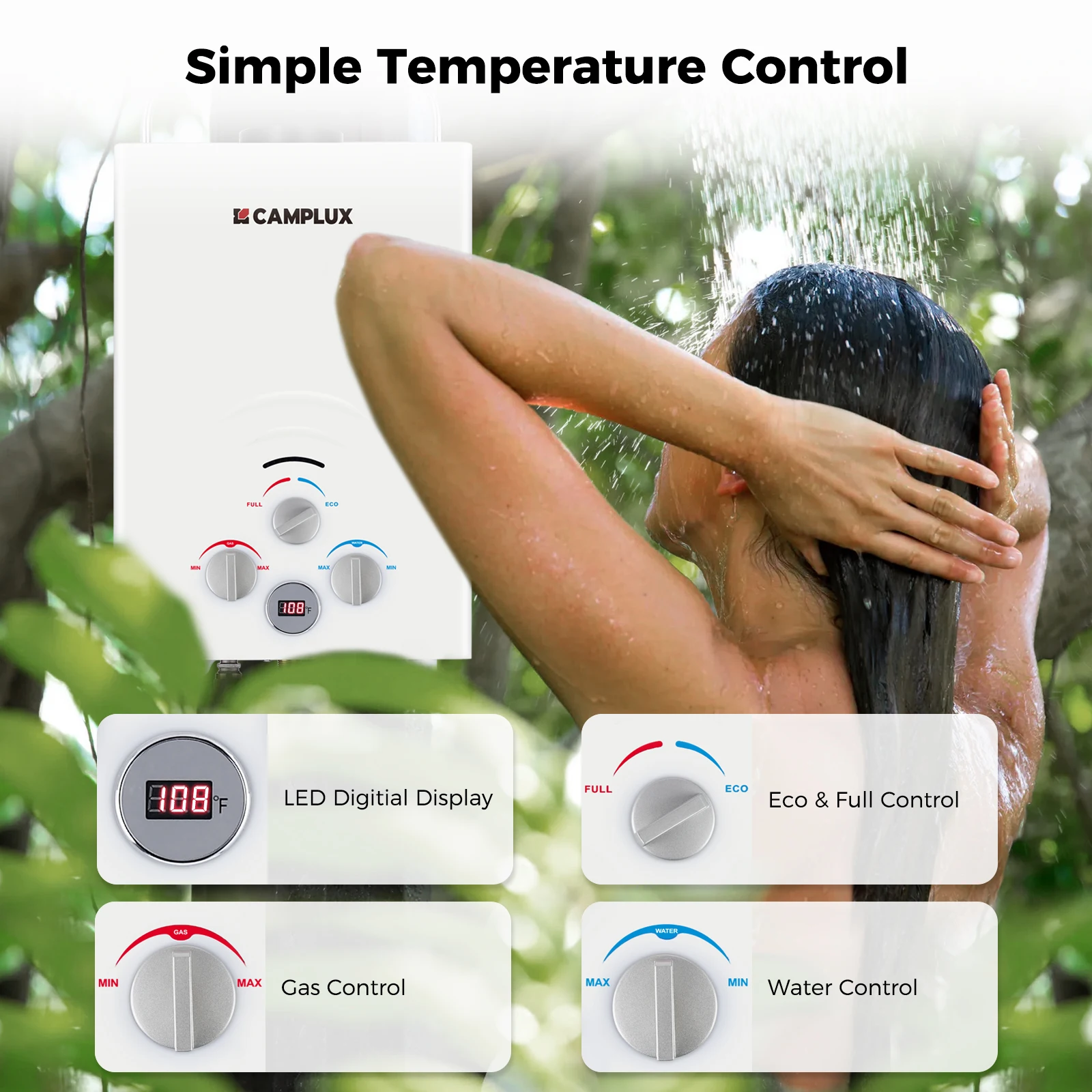 CAMPLUX Portable Water Heater, 1.58 GPM Tankless Propane Water Heater, 41,000 BTU Outdoor Water Heater for Camping, BW158, White