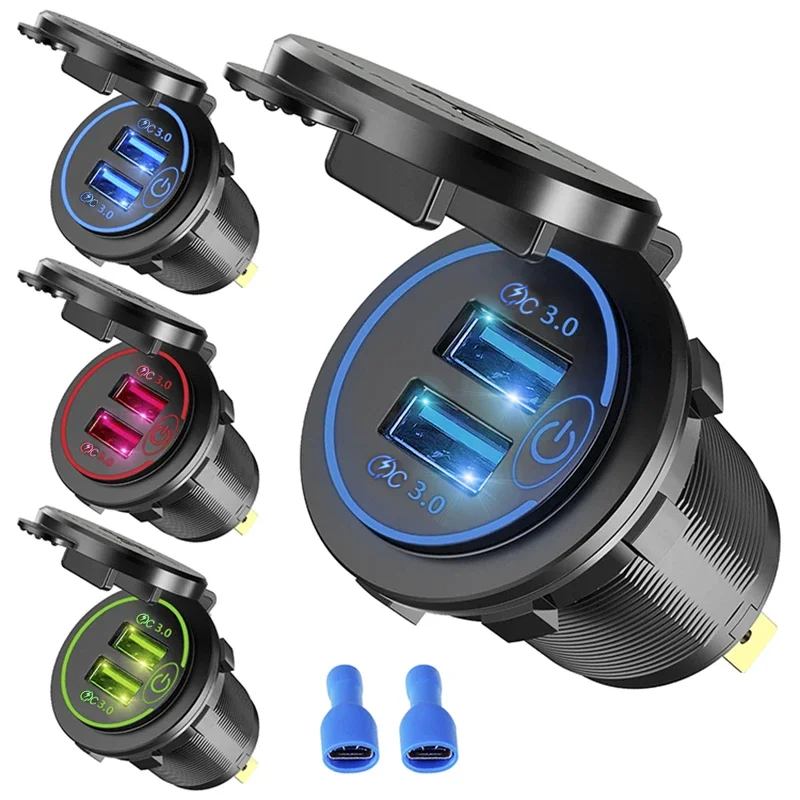 شحن سريع منافذ USB مزدوجة شاحن سيارة ، مقبس شحن سريع مقاوم للماء ، منفذ طاقة مع ضوء LED للدراجة النارية