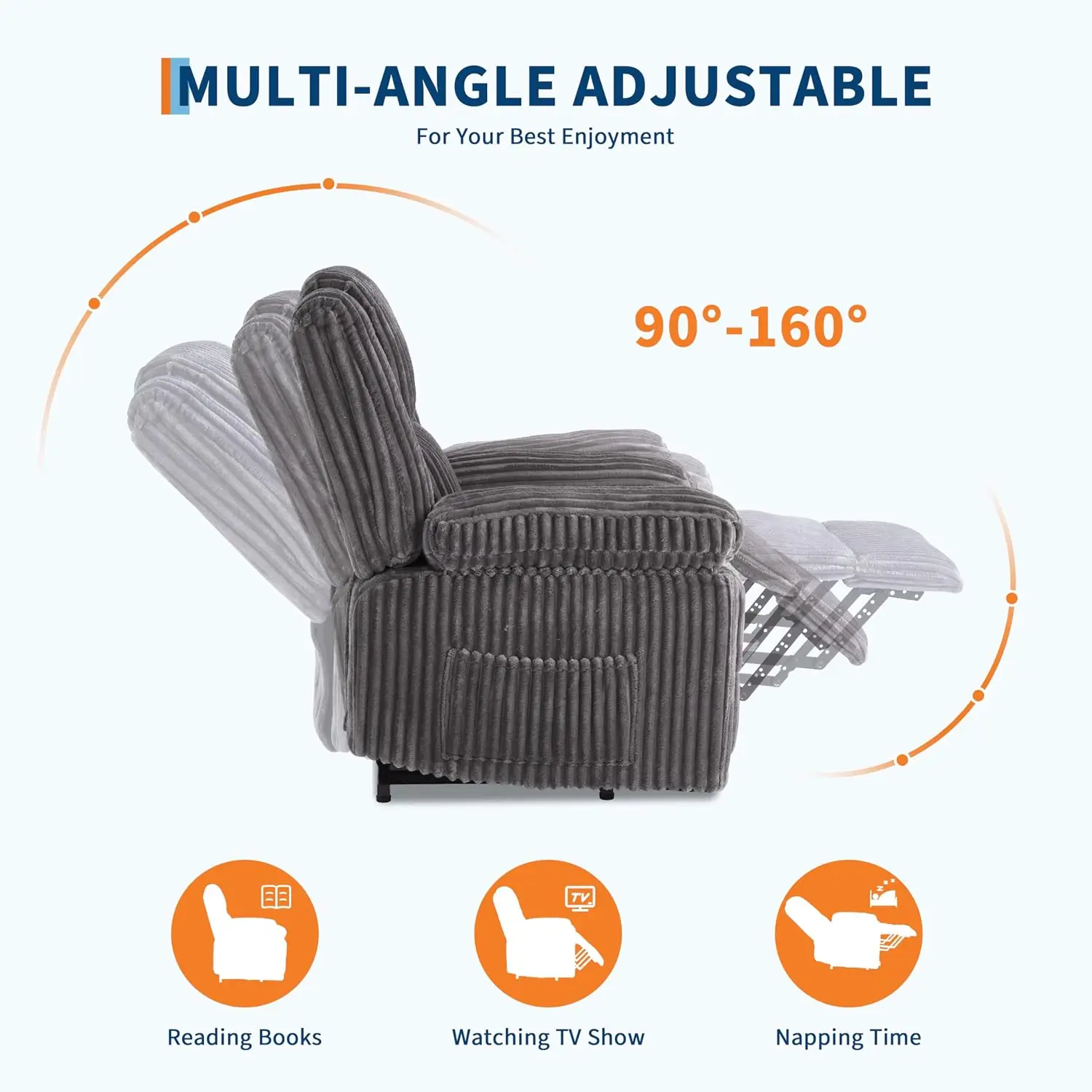 Corduroy Manual Recliner Chair with Handle – Pillow Top Arms, Thick Padding, Side Pocket, Adjustable Recliner for Living Room, Bedroom & Home Theater, Dark Gray, 330 lbs Capacity