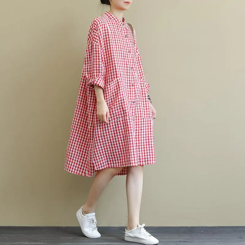 

Loose Artistic Long Sve irt Casual Cotton Linen Dr Spring New Sle Stand Collar Plaid Midi Length Women's Clothing