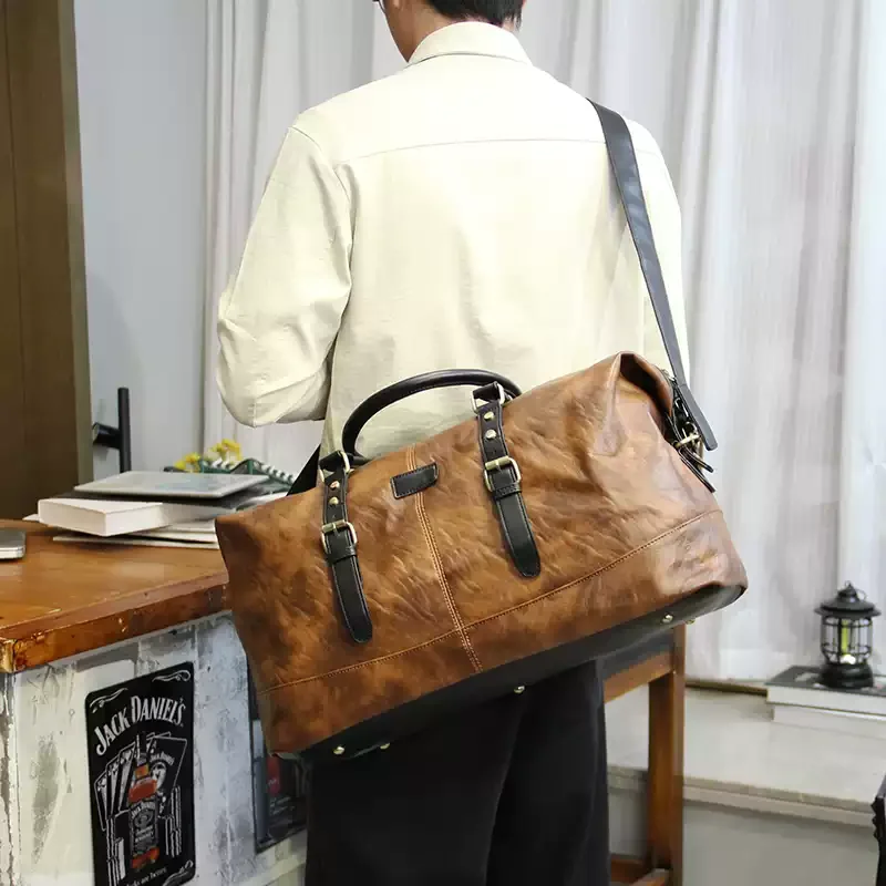 

New Vintage Crazy Horse PU Leather Travel Bag Fashion Large-capacity Fitness Bag Weekend Trip Duffel Bag