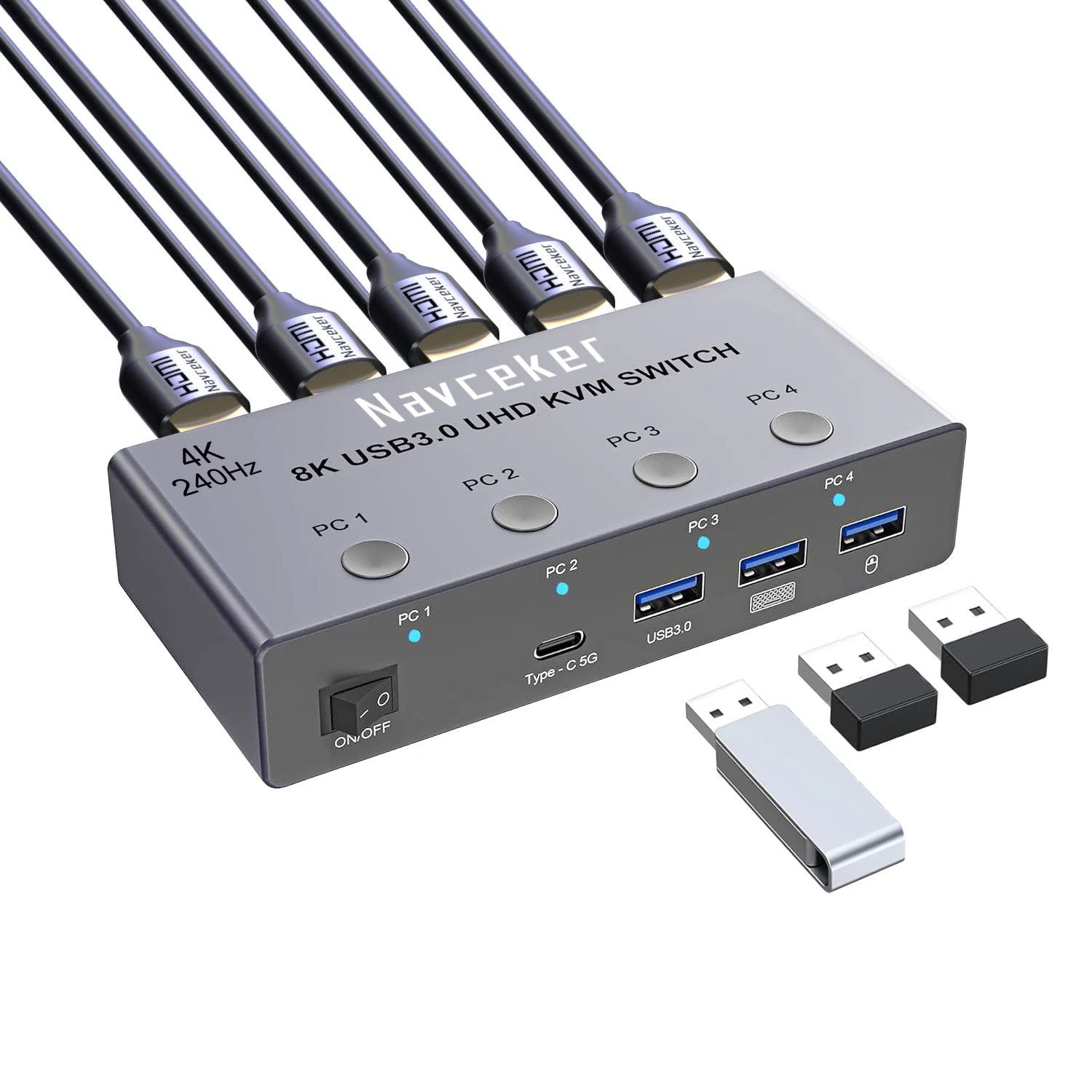 Przełącznik KVM Navceker 4K 240Hz HDMI 4x1 8K KVM 4-portowy przełącznik PC 4 porty USB 3.0 selektor 4 wejścia 1 wyjście do współdzielenia 1 monitora, myszy i klawiatury — zdjęcie produktu 7