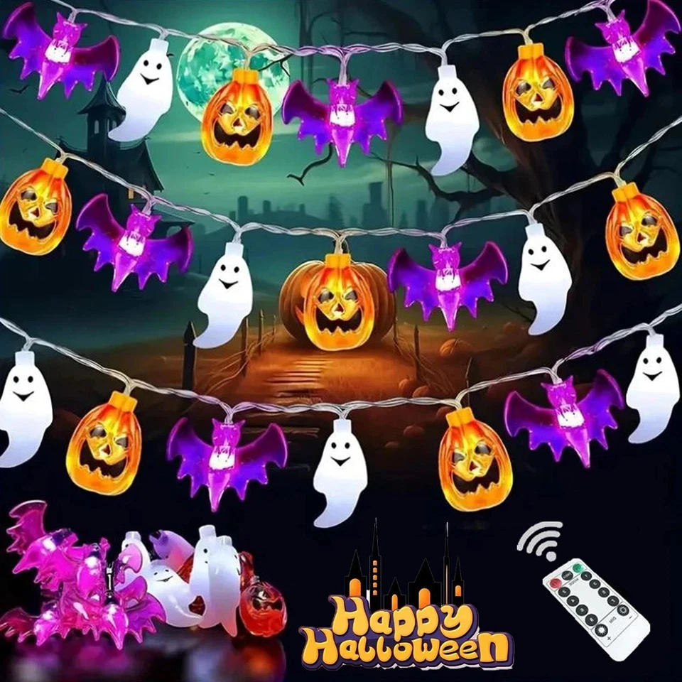 20ft Halloween string lights pumpkin bat ghost Halloween 30 LED string lights indoor home courtyard Halloween decorative lights