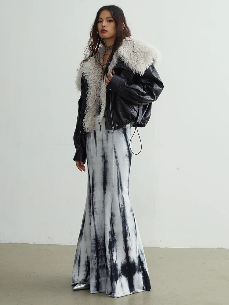 [EAM] Black Big Size PU Leather Jacket New Removable Fur Collar Long Sleeve Women Coat Fashion Tide Spring Autumn 2026 1DH2121