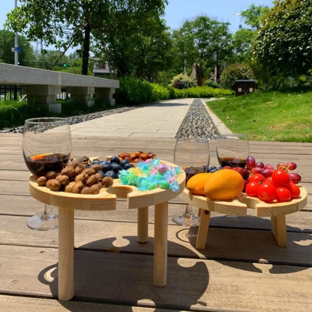 Nice Wooden Folding Picnic Table Outdoor Camp Round Foldable Desk Wine Glass Rack Portable Leisure Time Snack Table Nut Fruit Pl
