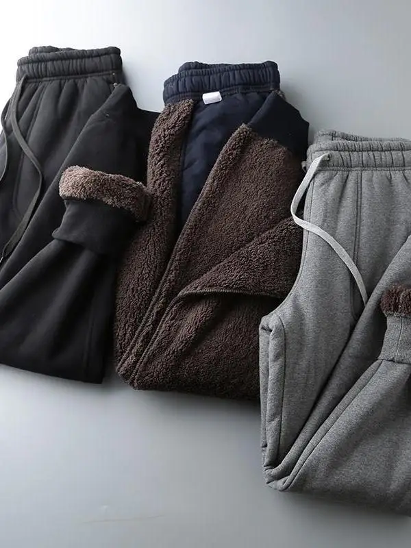 

Men's Winter Thiened Fce Lined Lamb Velvet Sweatpants Sports Casual Trousers Warm Cuffed Pants Straight Leg Long Pants
