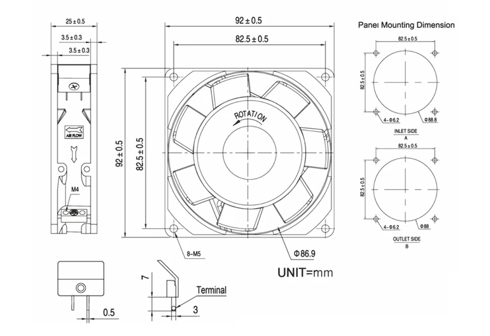 KA9225HA2BMT 92x92x25mm AC220V Kipas Pendingin Aliran Aksial Tipe Insert untuk Kabinet, Chassis, Kotak Distribusi, Kipas Pembuang Panas
