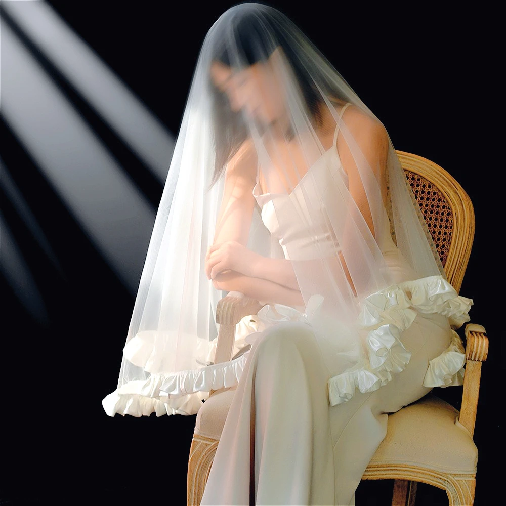 

Винтажная атласная короткая фата с рюшами для невесты, свадебные аксессуары, женская фата без гребня