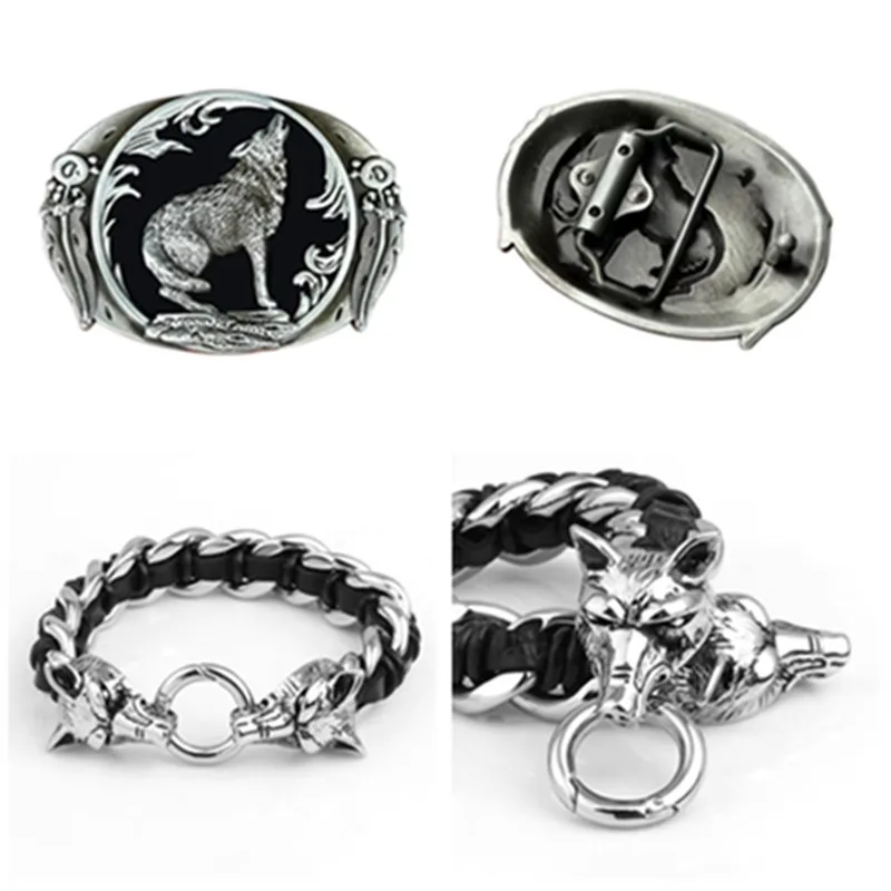 Two sets: belt clasp and bracelet. Western-style wolf whistle belt buckle, silver-toned metal clip, for clothing accessories.
