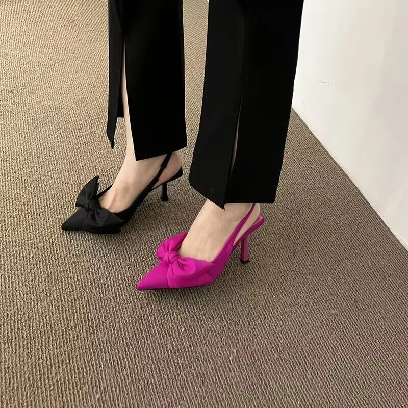 

Women's Shoes 2024 Spring New Bow Ladies Open Heel High Heels Sexy Dress Stiletto Pointed Toe Ladies High Heels Female