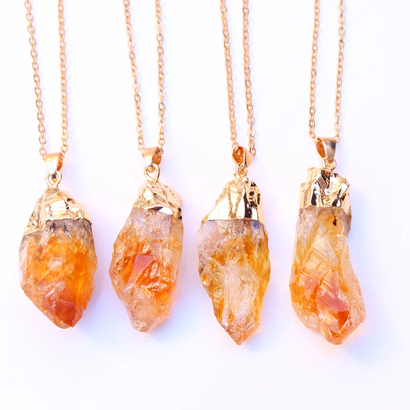 

Natural Citrine Healing Crystal Pendant Gold Plated Irregular Raw Stone for Women Gifts