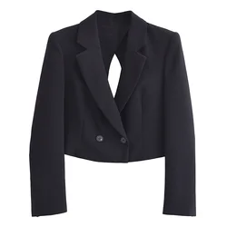 Tangada 2024 Women Black Hollow Crop Blazer Jacket Backless Long Sleeve Ladies Suit 6P054