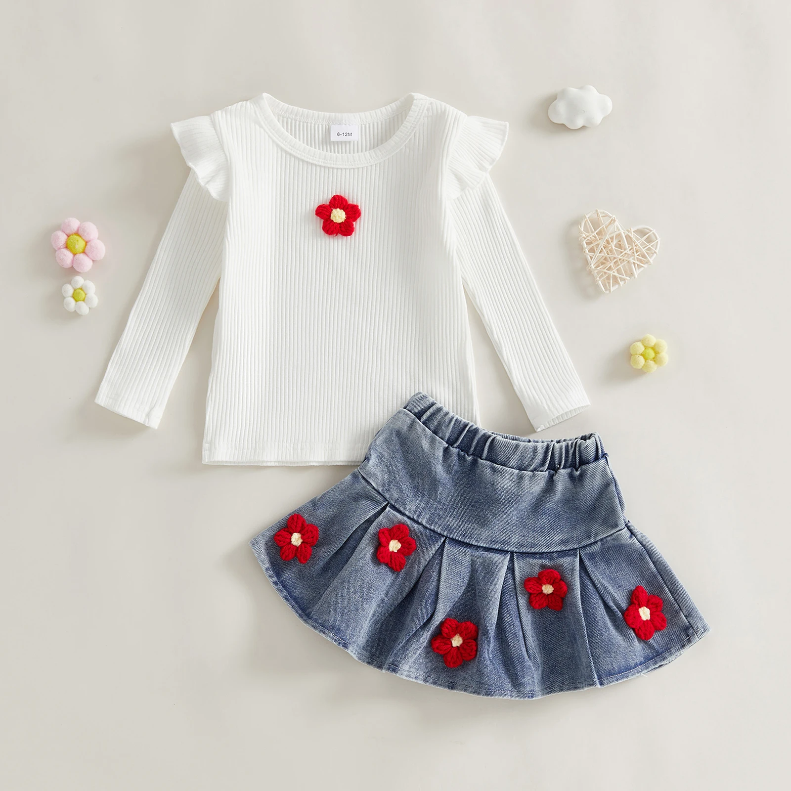 

Детский весенний комплект для девочек: топ с длинными рукавами и цветочным узором, связанной крючком, и джинсовая юбка-рыбий хвост, 2 предмета