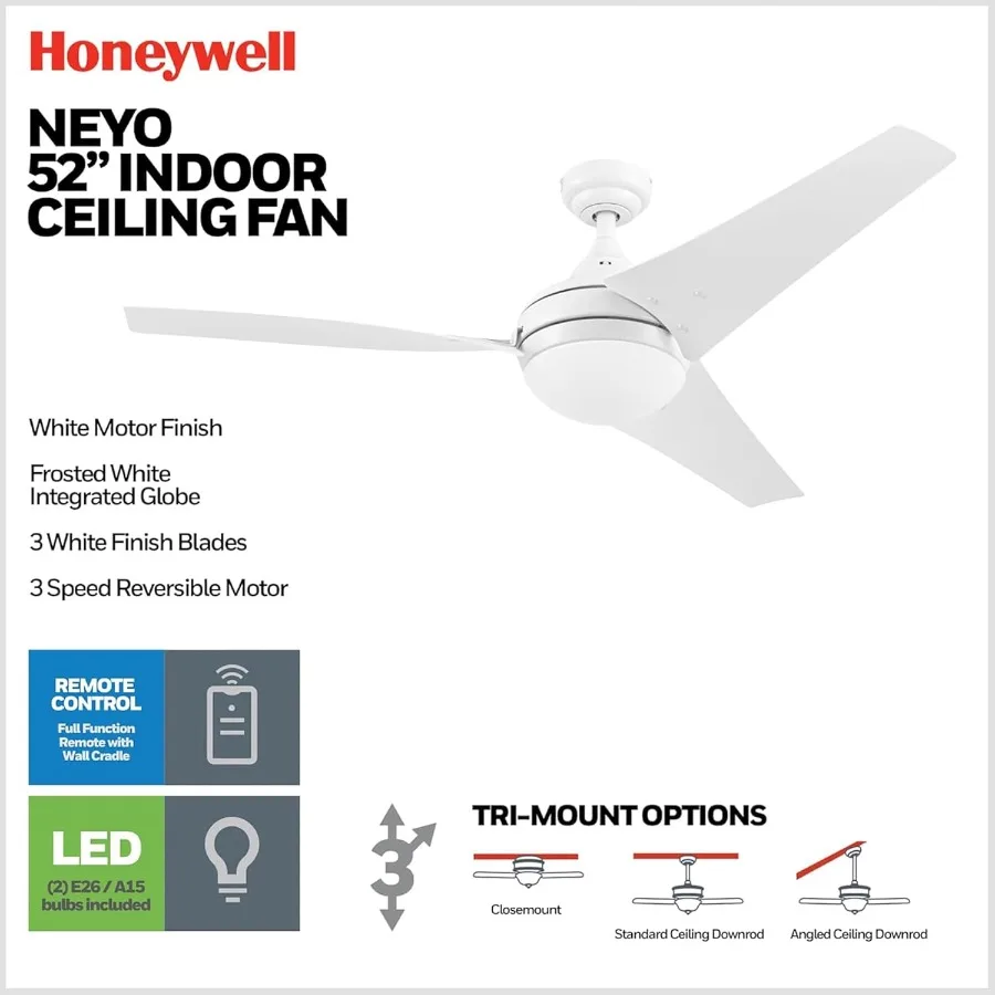 52 Inch Contemporary Indoor LED Ceiling Fan with Light and Remote Control for Modern Living Rooms and Bedrooms High Performance
