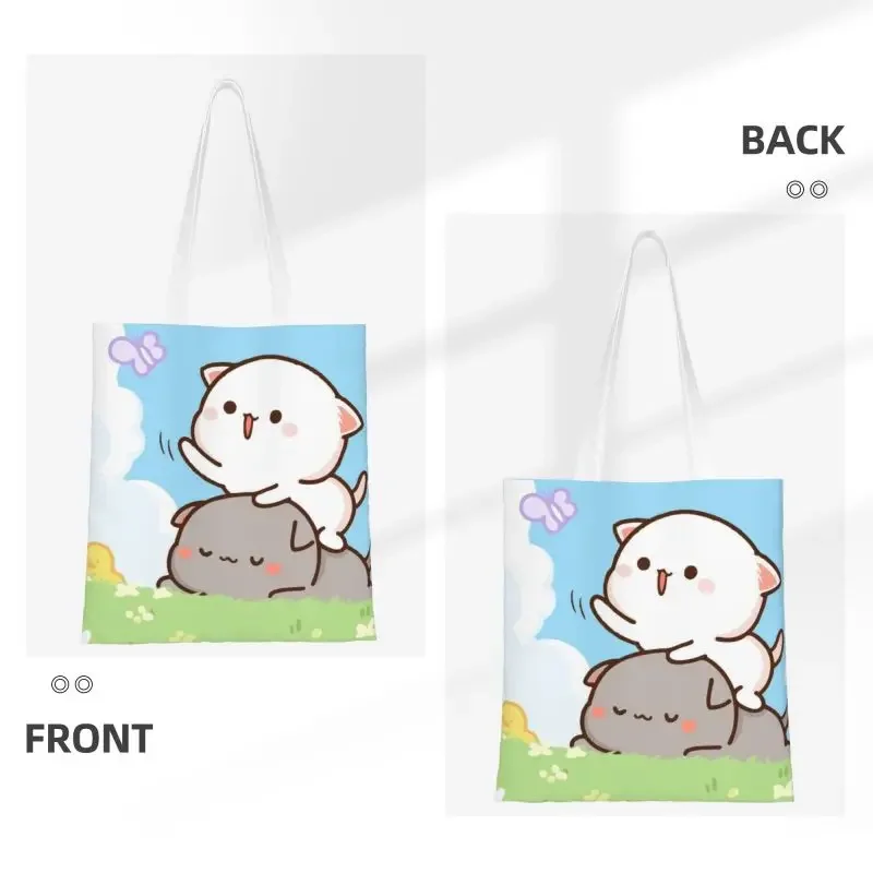 Fashion Printing Peach And Goma Romantic Mochi Cat Shopping Tote Bags Durable Canvas Shopper Shoulder Handbag