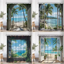 Beach Shower Curtain Seaside Landscape Outdoor Scenery Summer Vacation Bathroom Decor Holiday Polyester Bath Curtain with Hooks
