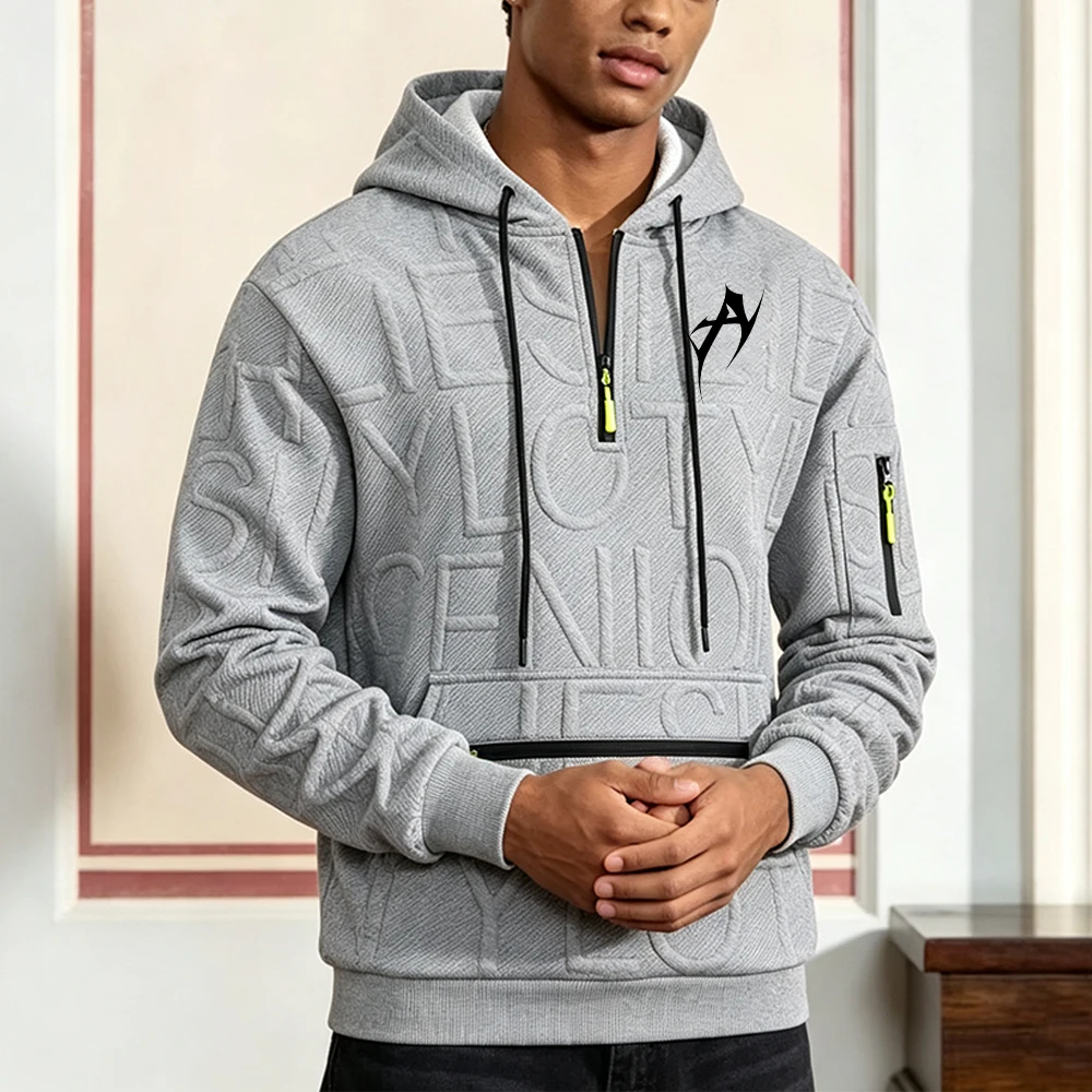 Men's Half Zip Jacquard Text Hoodies Sweatshirt Gothic Spiky Letter A Print Zipper Multi Pockets Casual Street Hooded Pullover