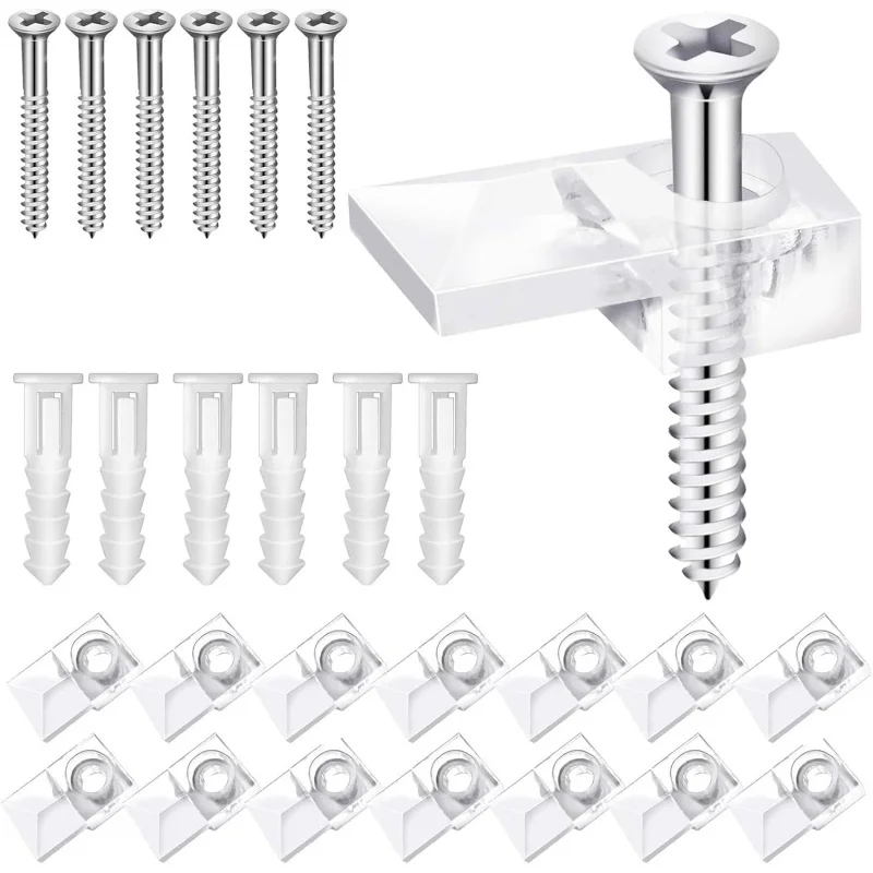 25-Mirror Holder Clips Kit - Clear Plastic, Screw Mount, Frameless, 1/4 inch Thick