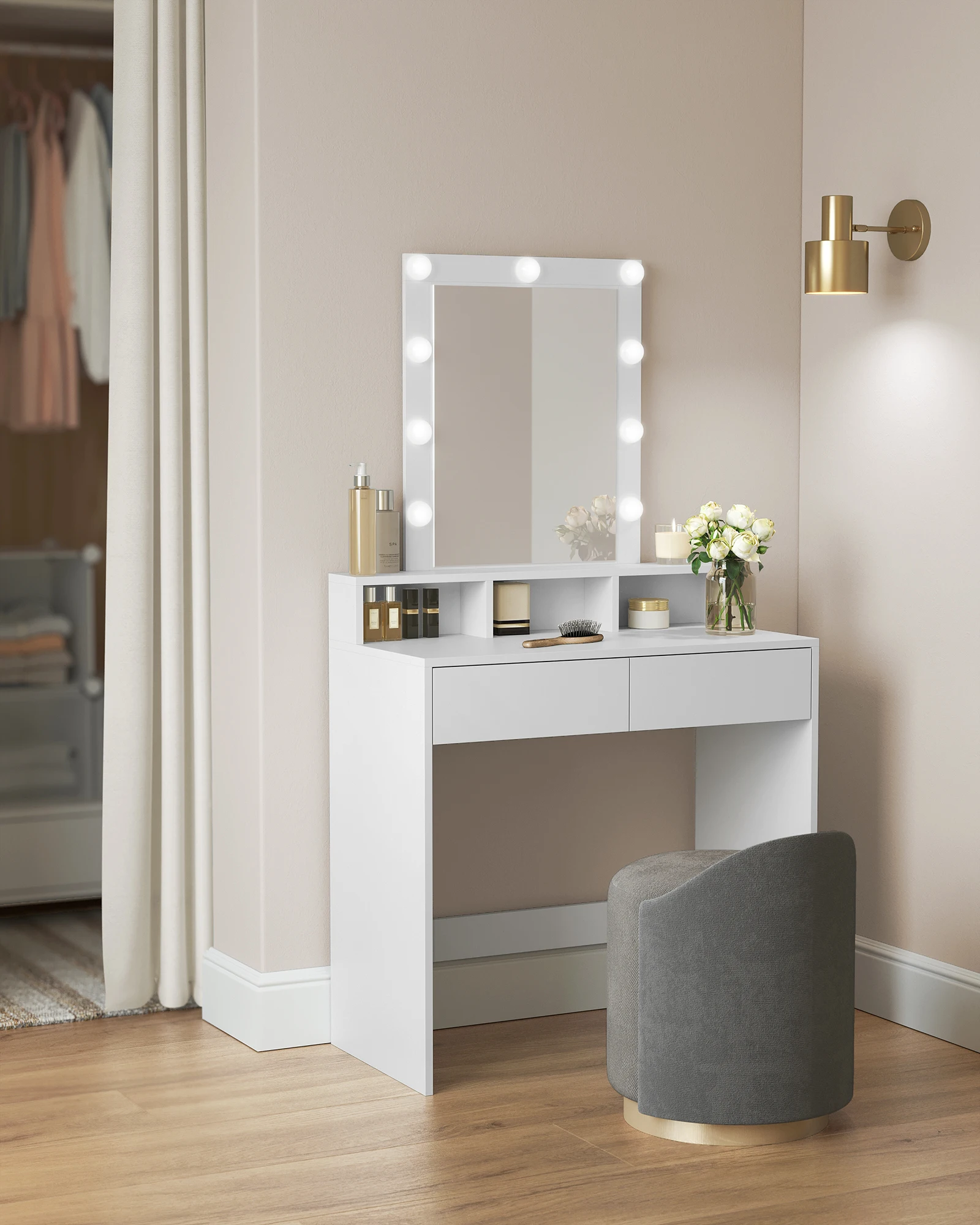 Cosmetic Table with 2 Drawers and 3 Open Compartments Modern Dressing Table with Mirror and Bulbs